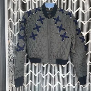 Green and navy cropped bomber jacket